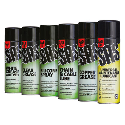 SAS Lubricant Assorted Pack - 6 x 500ml Aerosols, Includes White Grease, Silicone Spray, Chain Lube & More Set of 6