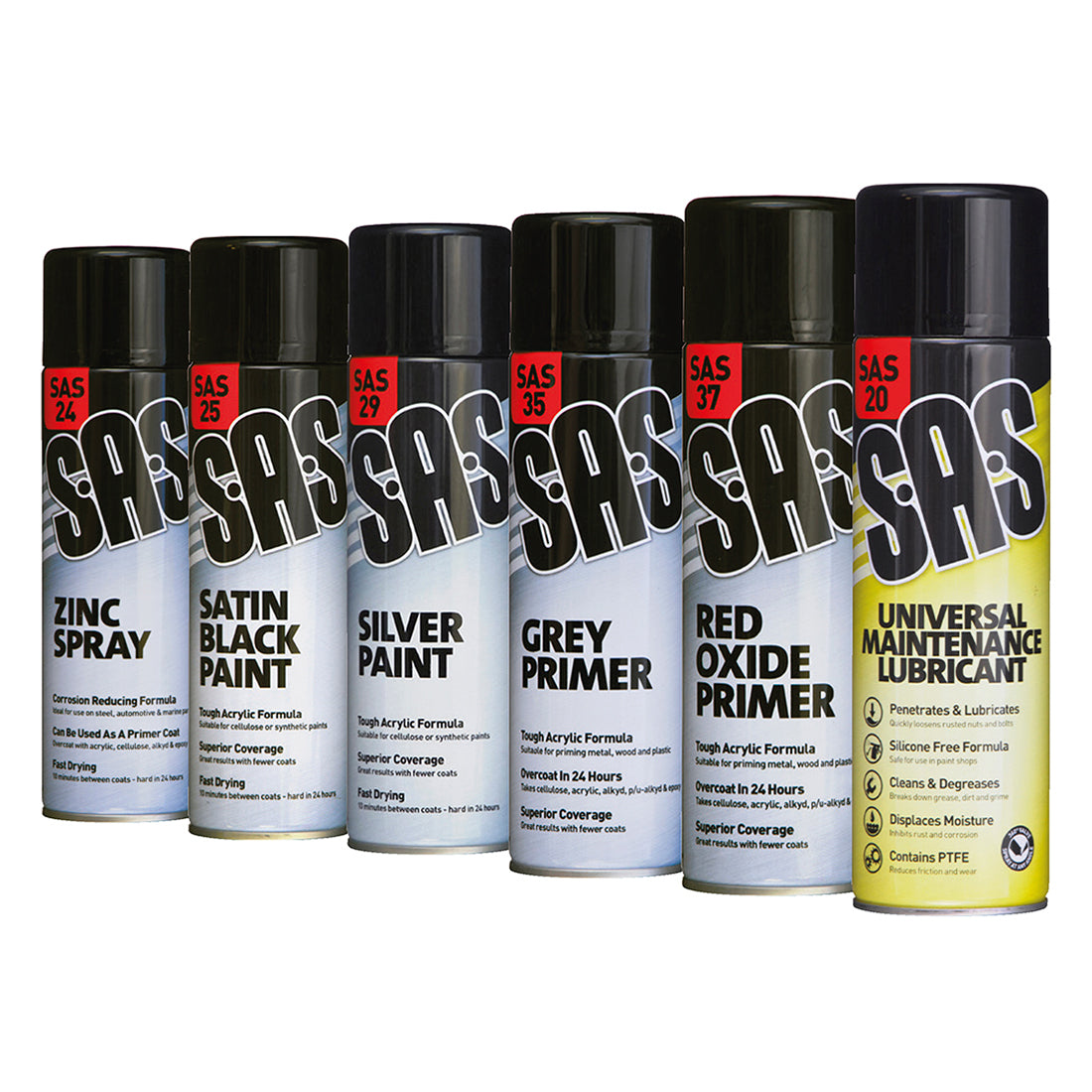 SAS Assorted Paint Pack - 6 x 500ml Aerosols, Includes Zinc Spray, Satin Black, Silver, Grey Primer, Red Oxide, Lubricant Set of 6