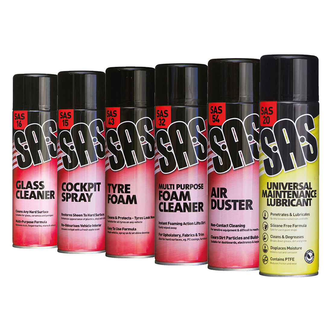 SAS Valeting Pack 6 x500ml Aerosols Glass Cockpit Tyre Foam Multi Purpose Lubricant Qty Set of 6