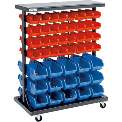 CLARKE Mobile Bin Kit - Steel Rack on Castors, 940 x 500 x 1245mm, With 94 Removable Bins (64 Red, 30 Blue) Qty 1 Kit