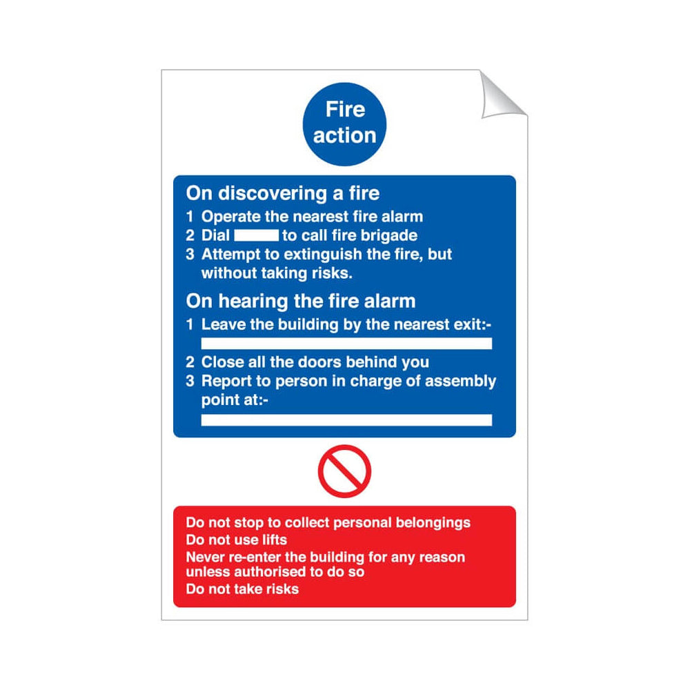 Fire Action Safety Sticker 240x360mm Self-Adhesive Vinyl Qty 1
