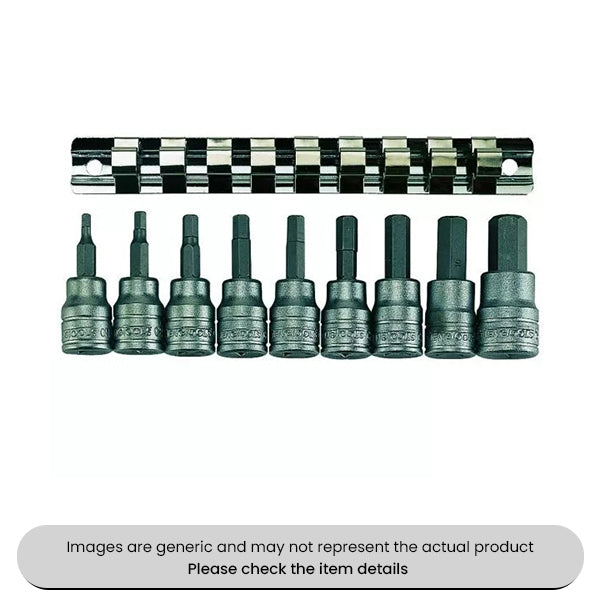 Chrome Vanadium Hex Bit Socket Clip Rail 3/8" Drive Metric 9 Piece Pack Qty 1
