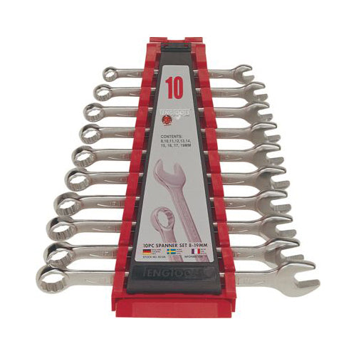 TENG Combination Spanner Set - 10 Piece, Sizes 8–19mm, Satin Finish, Supplied in Plastic Holder Qty 1 Set