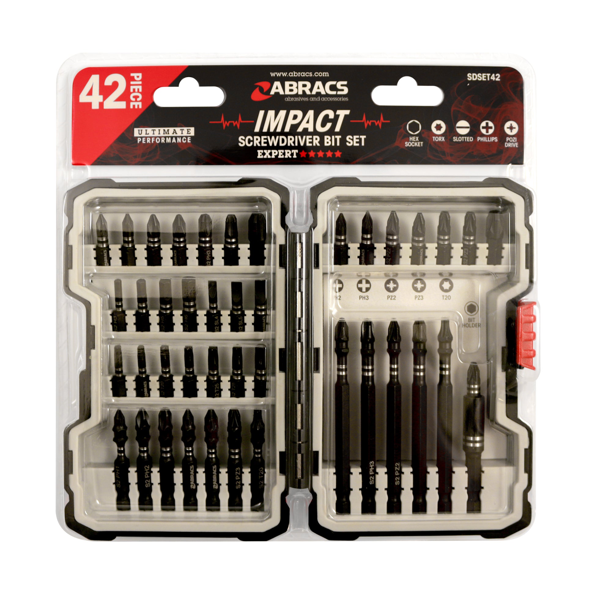 Abracs Impact Screwdriver Bit Set 42pc Holder Slotted Phillips Pozidriv Qty 1 Kit