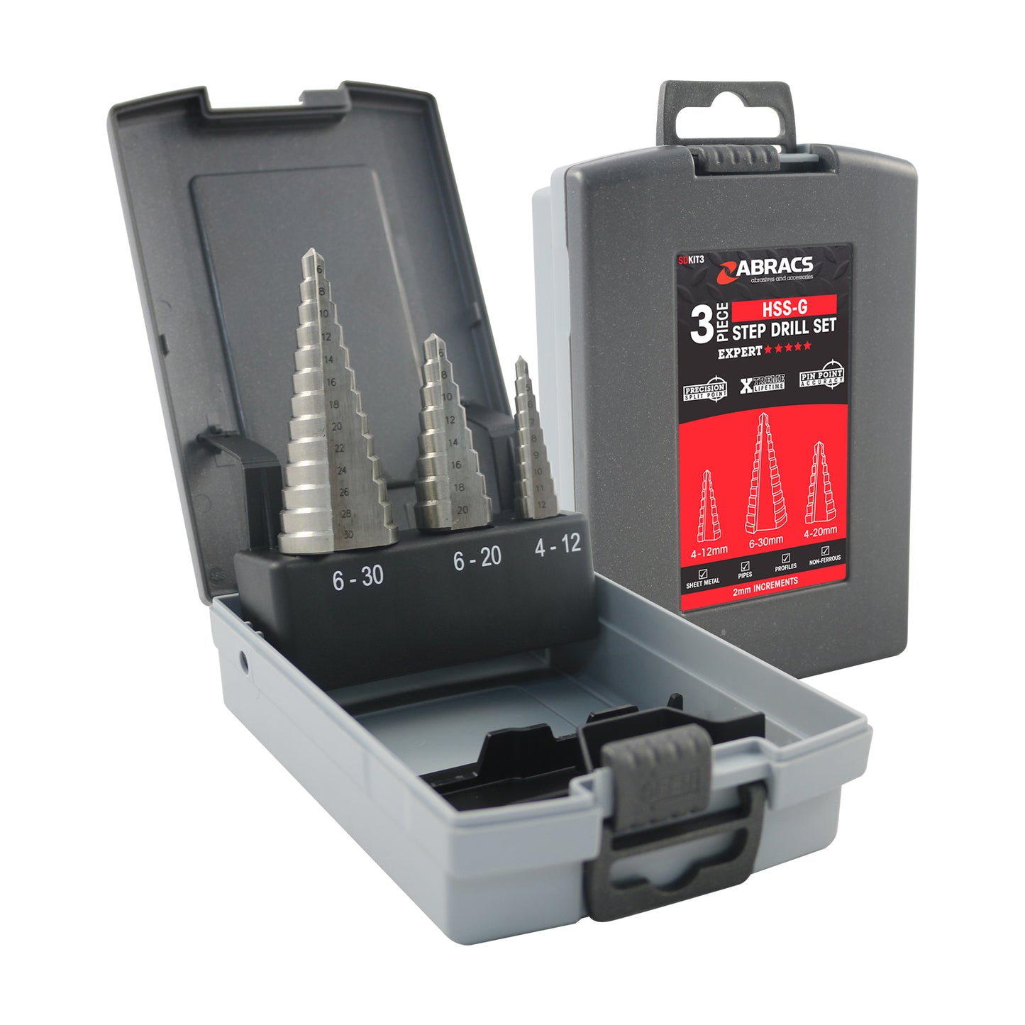 Abracs HSS Step Drill Set 3pc Robust Case Dual Cutting Edge Precision Qty 1 Kit