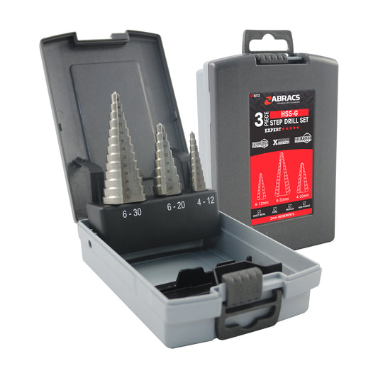 Abracs HSS Step Drill Set 3pc Robust Case Dual Cutting Edge Precision Qty 1 Kit