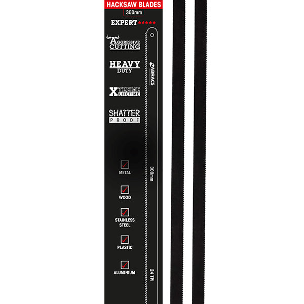 ABRACS Hacksaw Blades - 300mm, 24 TPI, Bi?Metal Flexible Steel, Long Life & Excellent Cutting Pack of 10