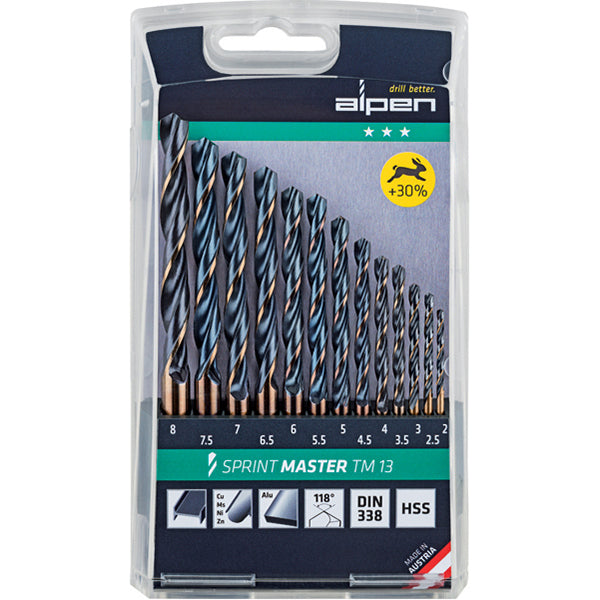 Alpen HSS Sprint Master Drill Bit Set 13pc Metric Sizes 2-8mm Plastic Case Qty 1 Set