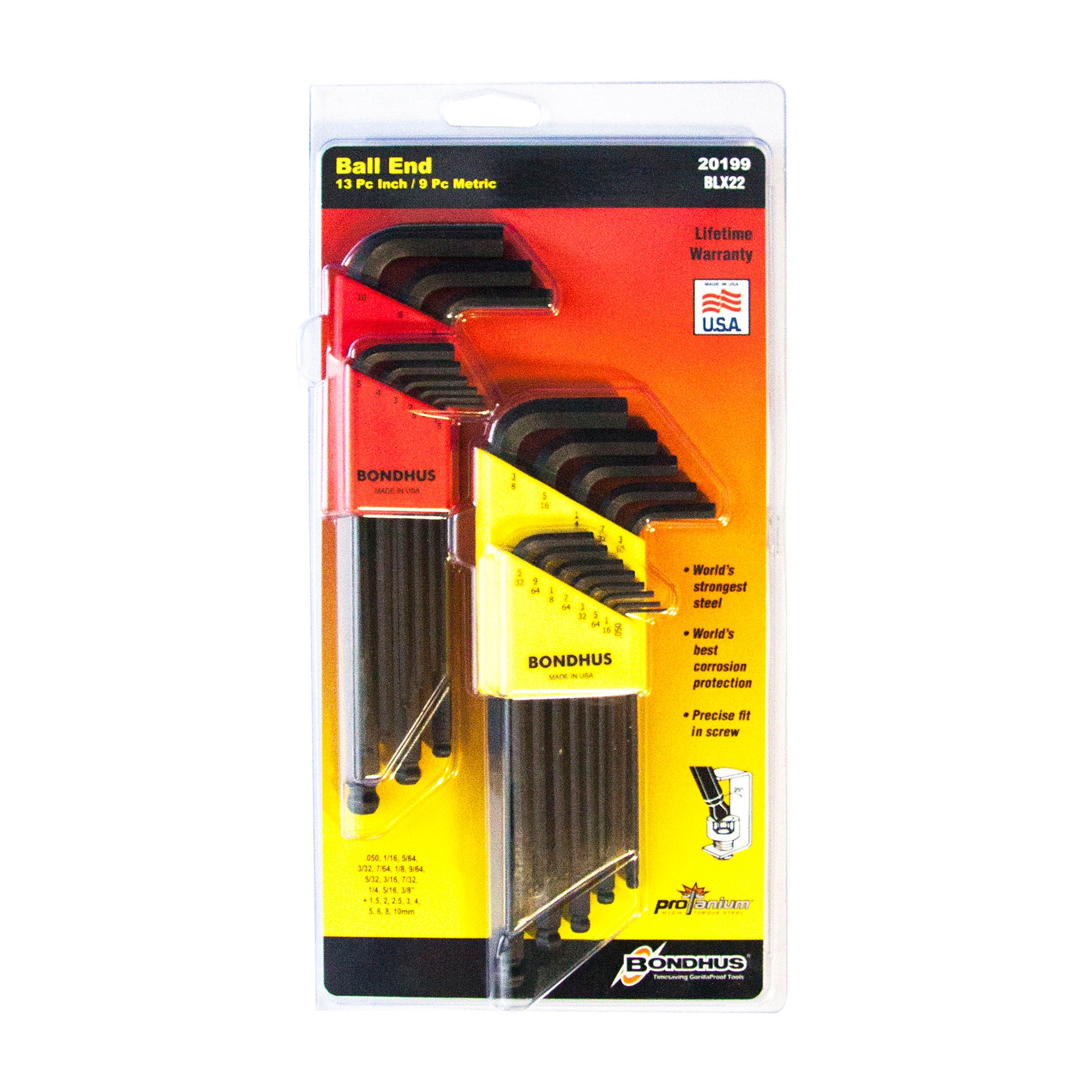 BONDHUS Ball Hex Driver Set - Twin Pack, Metric (9 Sizes 1.5–10mm) & Imperial (13 Sizes .050–3/8") Set of 2