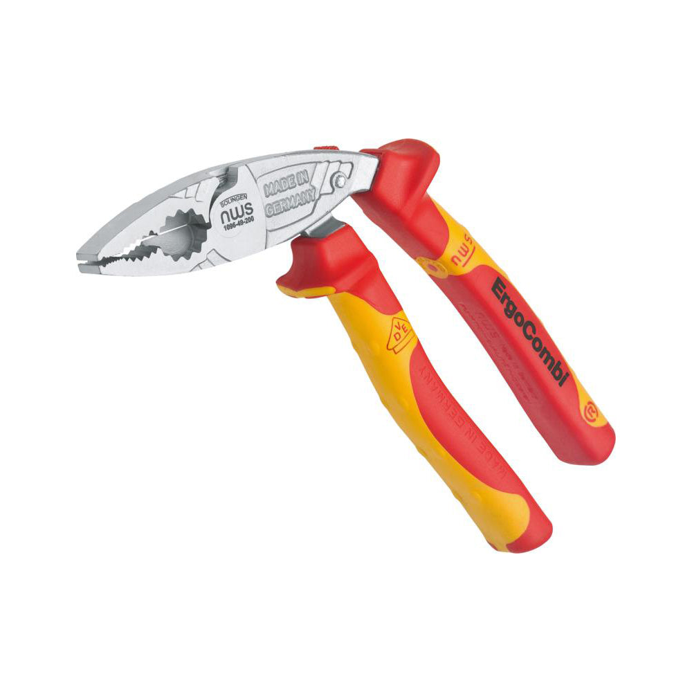 NWS ErgoCombi Pliers - 200mm (8"), 2K VDE Handle, IEC 60900 1000V, Ergonomic Angled Head, Spanner Function Qty 1
