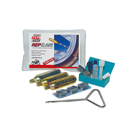 Rema Tip Top Motorcycle Tyre Repair & Inflate Kit REP & AIR Tubeless Cartridges Tools Qty 1 Kit