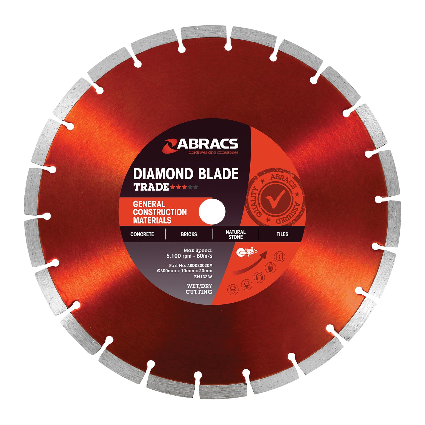 Abracs Diamond Blade Trade 300x10x20mm For Concrete Stone Tiles Max RPM 5100 Qty 1