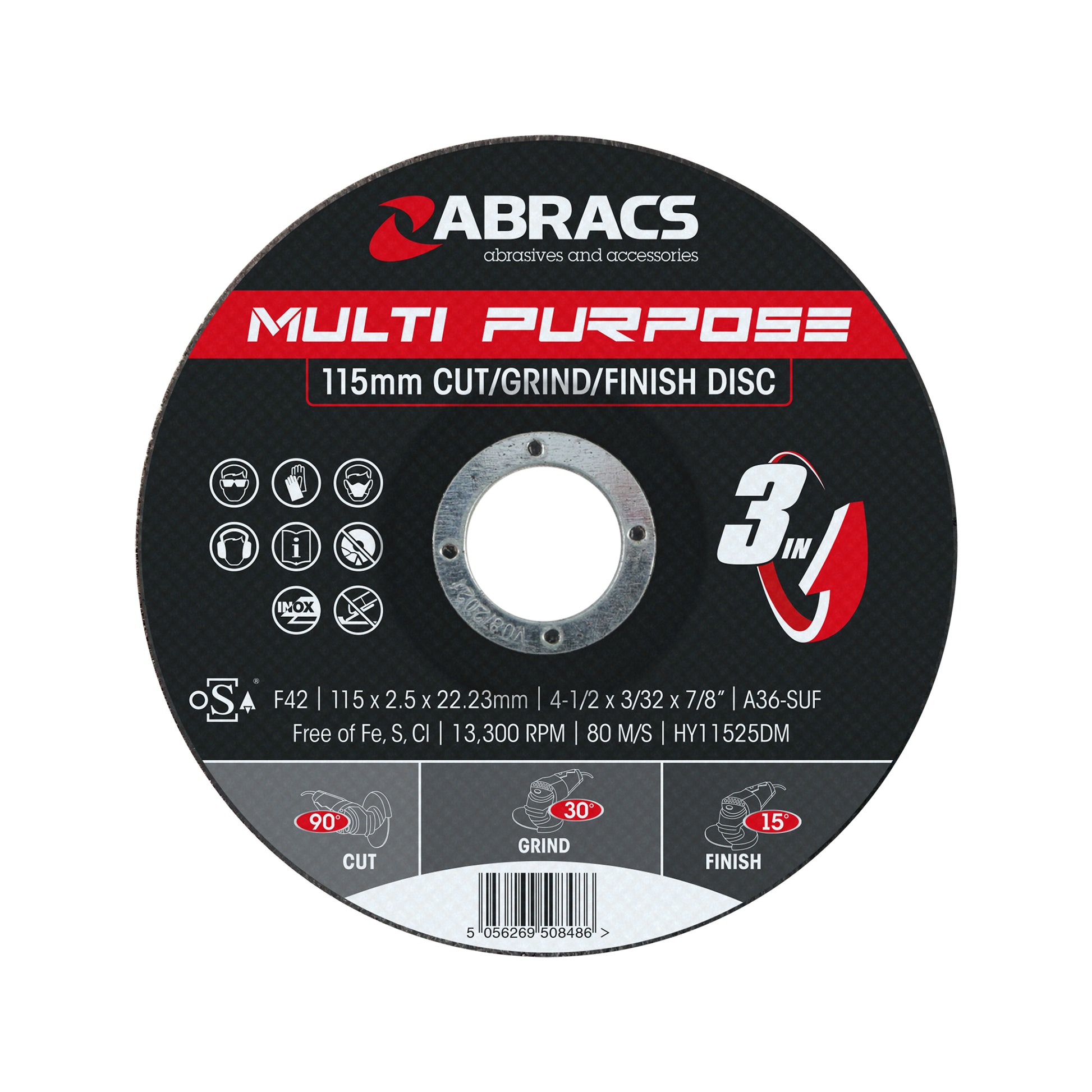 Abracs Hybrid 3-in-1 Disc 115x2.5x22mm Cutting Grinding Finishing Max RPM 13300 Pack of 10