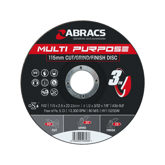 Abracs Hybrid 3-in-1 Disc 115x2.5x22mm Cutting Grinding Finishing Max RPM 13300 Pack of 10