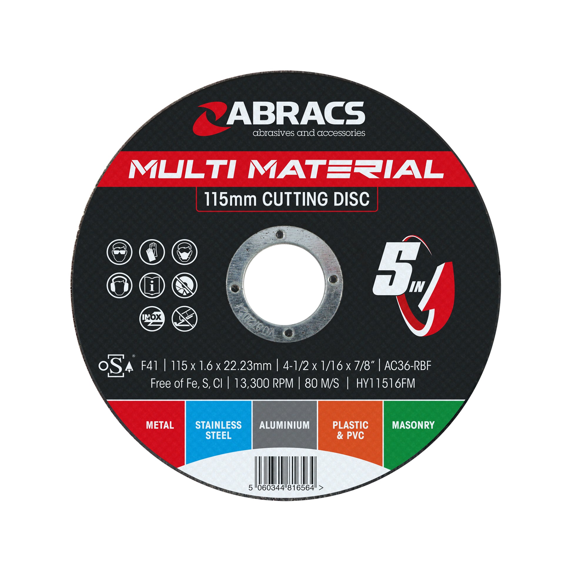 Abracs Hybrid 5-in-1 Disc 115x1.6x22mm Multi Material Cutting Max RPM 13300 Pack of 10