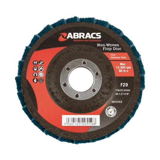 Abracs Non-Woven Flap Disc 115x22mm Fine Green Fibre Max RPM 13300 Pack of 5