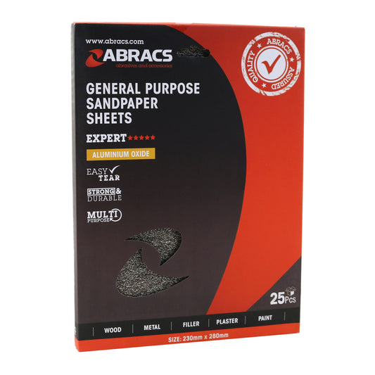 Abracs Aluminium Oxide Sandpaper Sheet 230x280mm P60 Industrial Quality Pack of 25