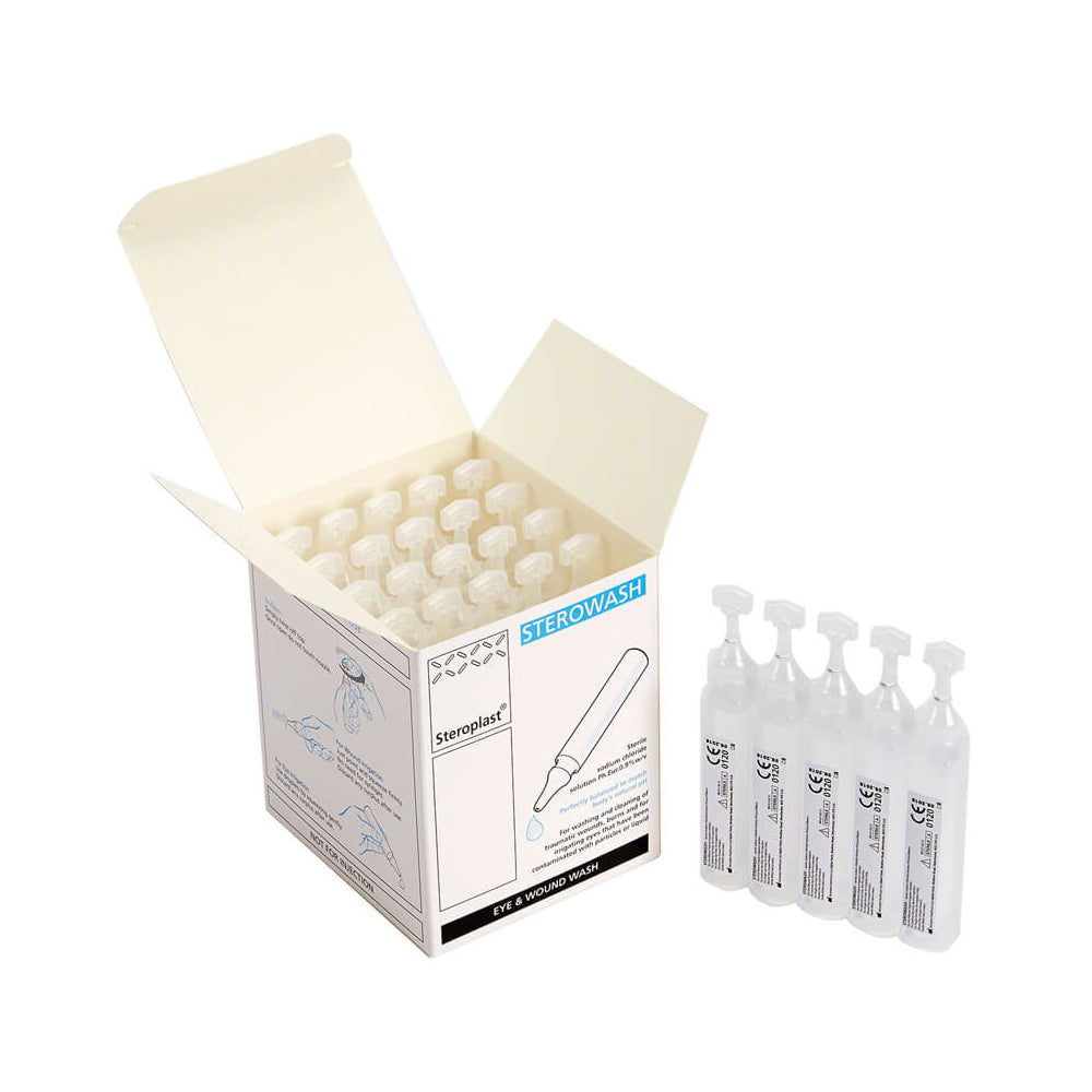 Single?Use Eye/Wound Wash Pods - 25ml Bottles, 0.9% Saline Solution, Soft Squeeze Plastic, For Irrigation Box of 25